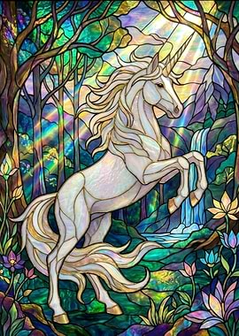 Stained Glass Unicorn in Enchanted Forest