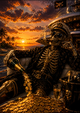 Skeleton Pirate Captain with Champagne and Gold