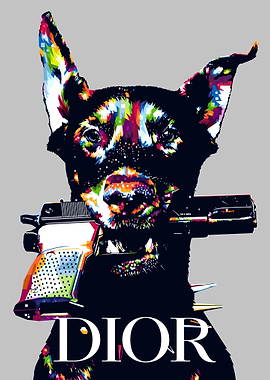 Dior Dog with Gun Pop Art