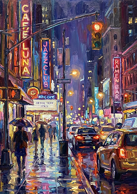 Rainy Night Cityscape with Neon Signs