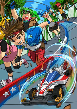Anime characters racing a mini 4WD car