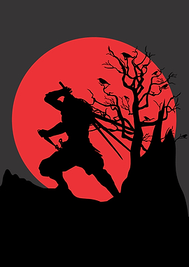 Ninja Silhouette Against Red Moon