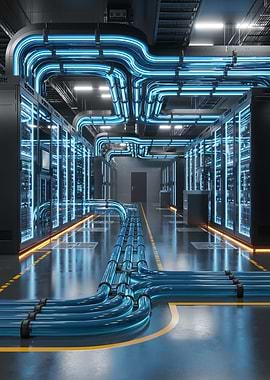 Futuristic Server Room with Blue Neon Cables