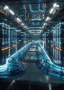 Futuristic Server Room with Blue Lights