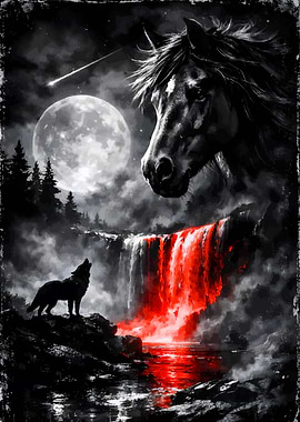 Wolf Howling at Red Waterfall with Horse