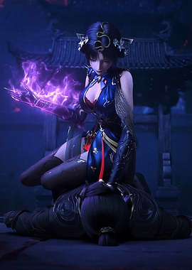 Mysterious sorceress with purple energy