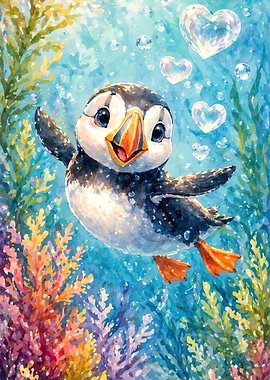 Cute Puffin Swimming Underwater