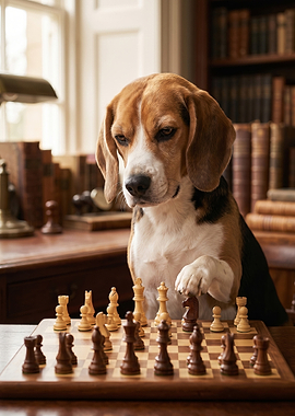 Beagle playing chess in library
