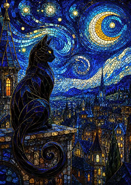 Black Cat on Rooftop Over City