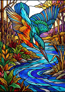Stained Glass Kingfisher Over Water