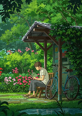 Boy Reading Under Shelter in Rain