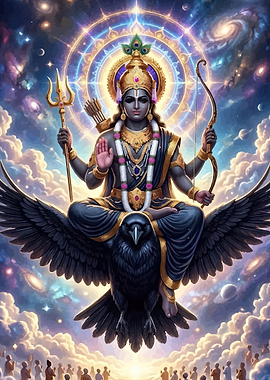 Shani riding a crow with cosmic background