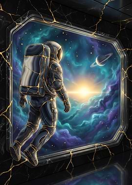 Astronaut in Space with Nebula and Saturn