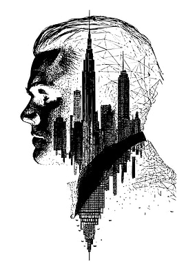 Man's Head with Cityscape Silhouette