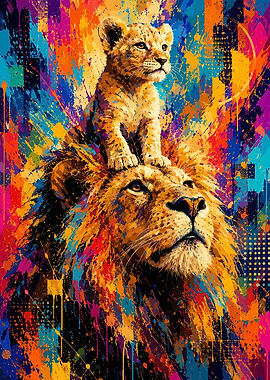 Lion and Cub with Colorful Splatter