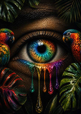 Rainbow Eye with Parrots and Leaves
