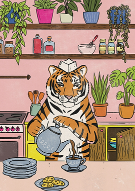 Tiger pouring tea in a kitchen