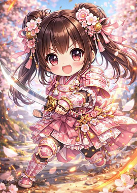 Cute Anime Samurai Girl with Cherry Blossoms