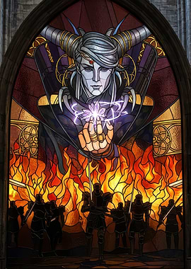 Stained Glass of a Horned Figure and Flames final fantasy