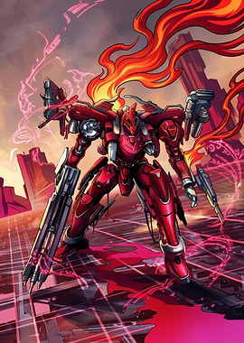 Red Mecha with Fiery Mane
