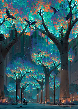 Futuristic City Park with Birds
