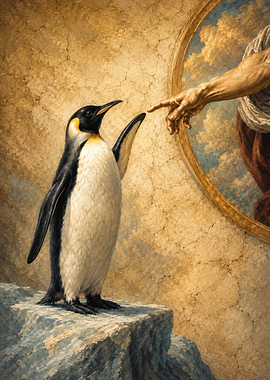 Penguin Reaching for Divine Hand