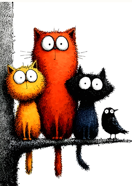 Three cats and a bird on a branch