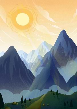 Sunrise over misty mountains