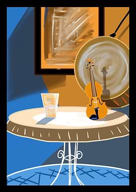 Violin and Drink on Table
