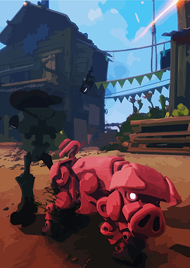 Robotic Pig and Companion in Stylized Village