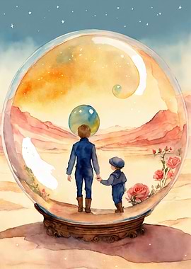 Father and son in a snow globe