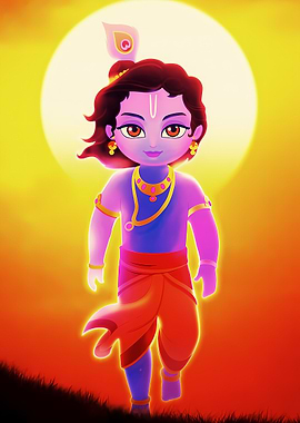 Cute Krishna Walking in Sunset