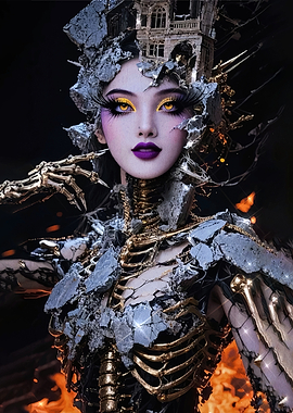 Gothic Skeleton Woman with Ruined Castle Headdress