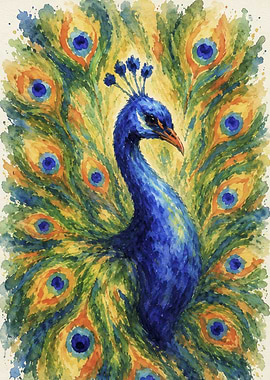 Watercolor Peacock with Fanned Tail