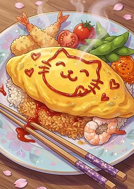 Cute Cat Omurice with Shrimp and Edamame