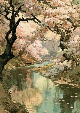Serene Cherry Blossom River Scene