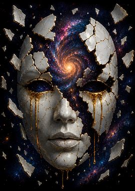 Cracked Mask Revealing Galaxy