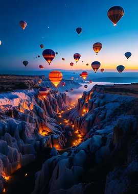 Hot Air Balloons Over Cappadocia at Dusk