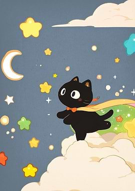 Cute Black Cat Flying with Stars