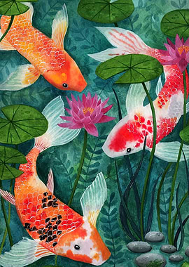 Koi Fish and Water Lilies Painting