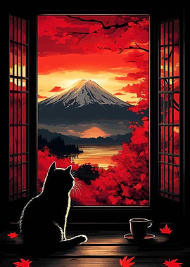 Cat watches Mount Fuji sunset