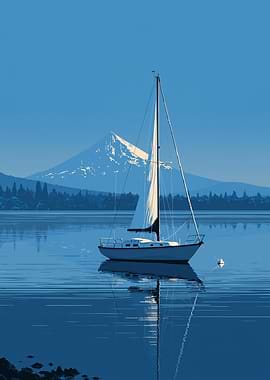 Sailboat on a calm lake with a mountain backdrop