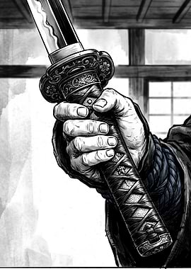Hand holding a katana sword