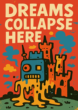 Dreams Collapse Here Retro Robot Poster Surreal Castle Wall Art
