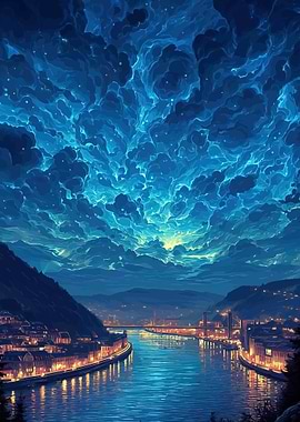 Enchanting Night Sky Over a Riverside City