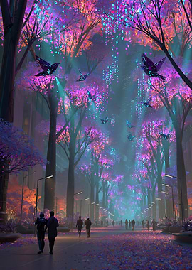 Futuristic Cityscape with Bioluminescent Flora