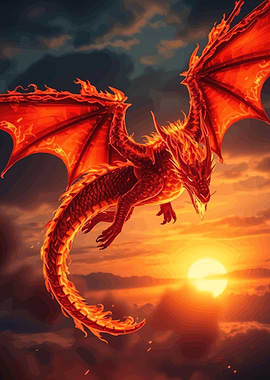 Fiery Dragon in Sunset Sky