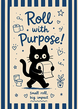 Black Cat with Toilet Paper Funny Bathroom Art
