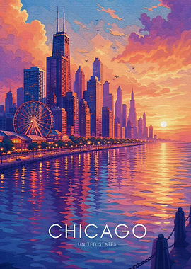 Chicago Skyline at Sunset