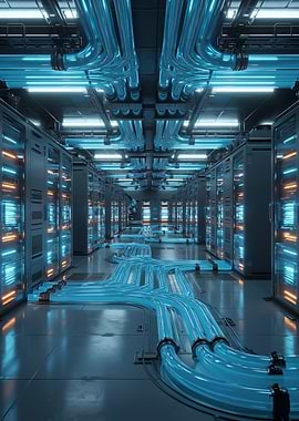 Futuristic Server Room with Blue Cables